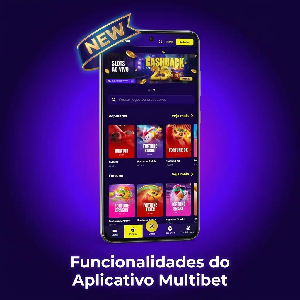 Aplicativo Multibet com apostas esportivas, cassino ao vivo, slots e suporte integrados em interface móvel.
