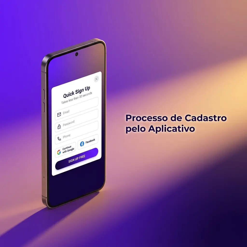 Passo a passo do processo de cadastro no aplicativo com preenchimento de dados pessoais e criação de conta.
