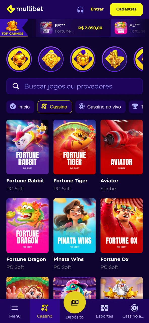 Explore a grande variedade de jogos de cassino disponíveis no app Multibet.