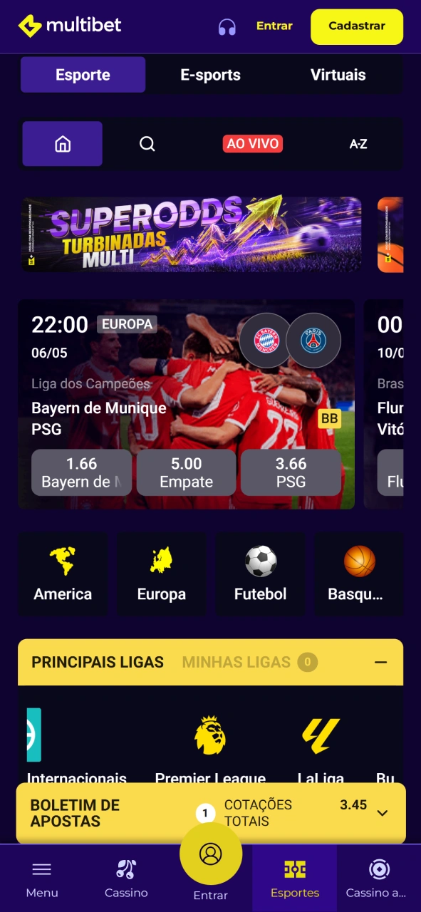Confira a interface de apostas esportivas no aplicativo móvel da Multibet.