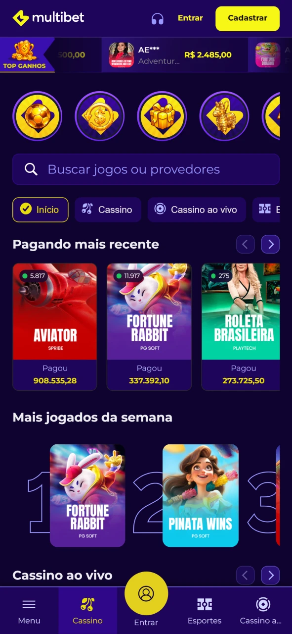 Visualize a tela principal e a navegação do aplicativo da Multibet.