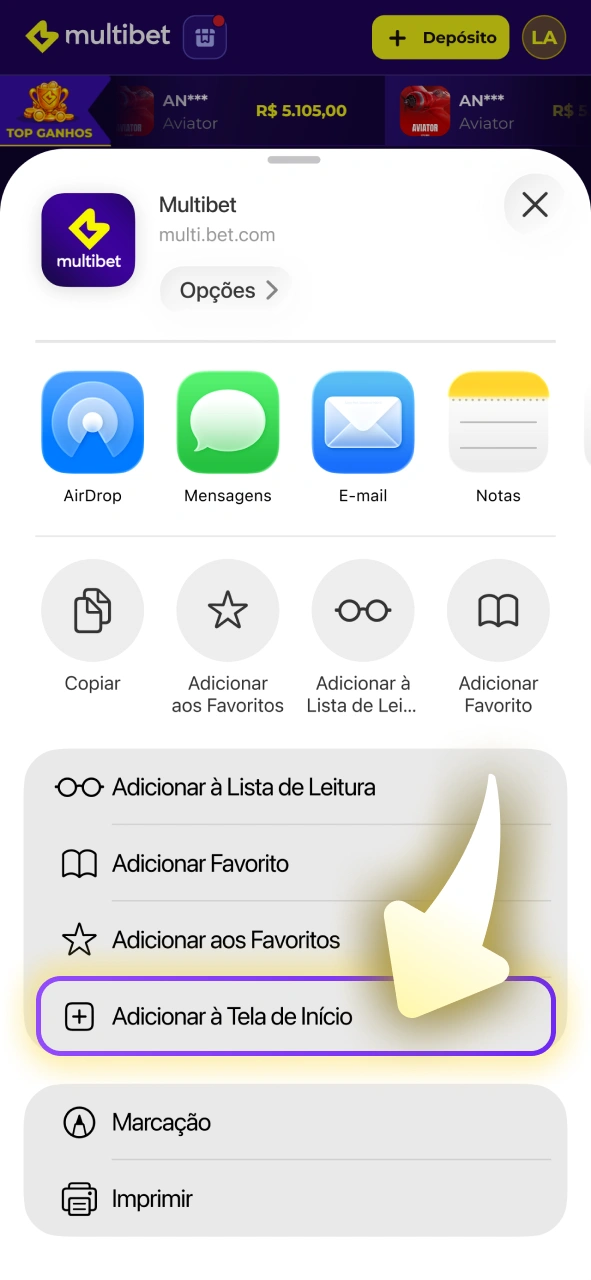 Adicione o atalho da Multibet à tela inicial do seu dispositivo iOS.