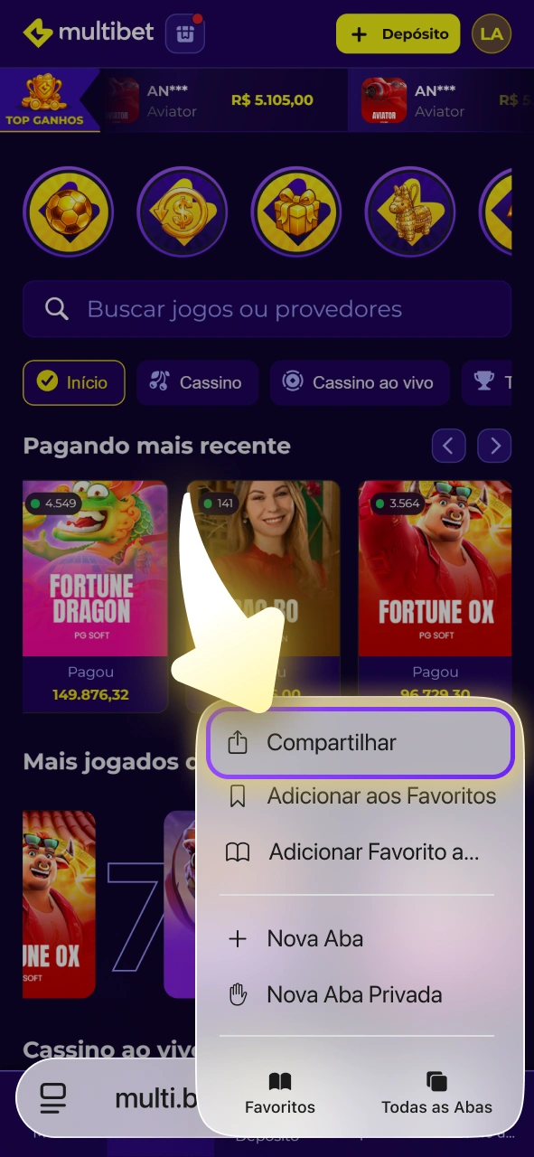 Use o botão de compartilhamento do iOS para configurar o app Multibet no iPhone.