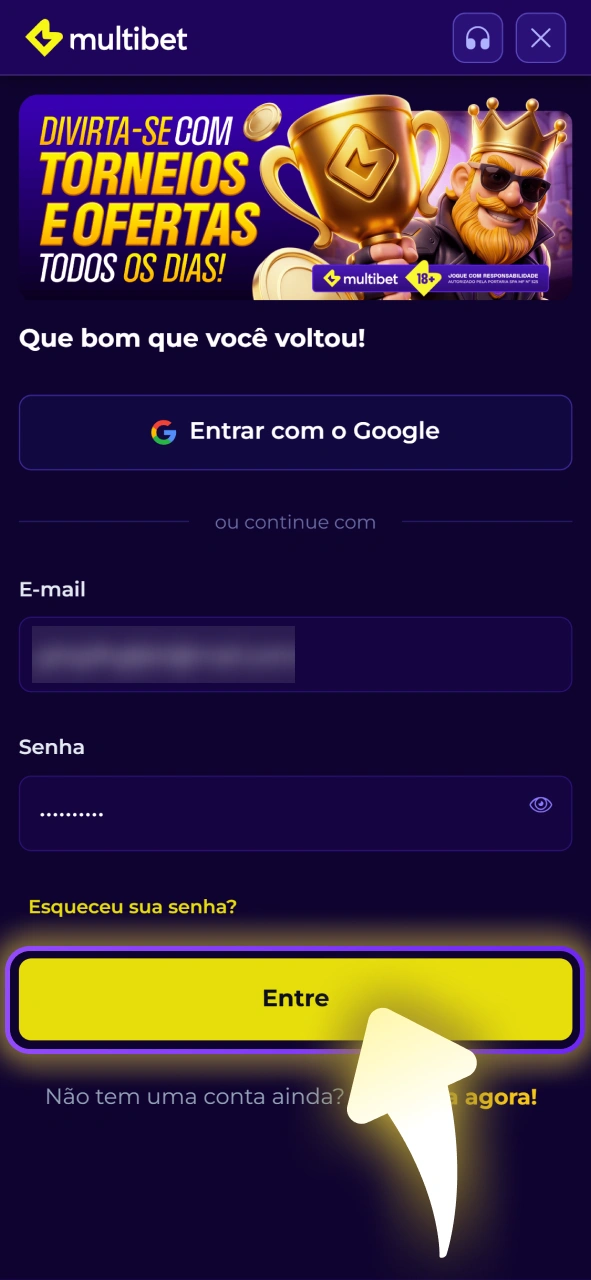 Faça login na sua conta Multibet através do aplicativo no iOS.