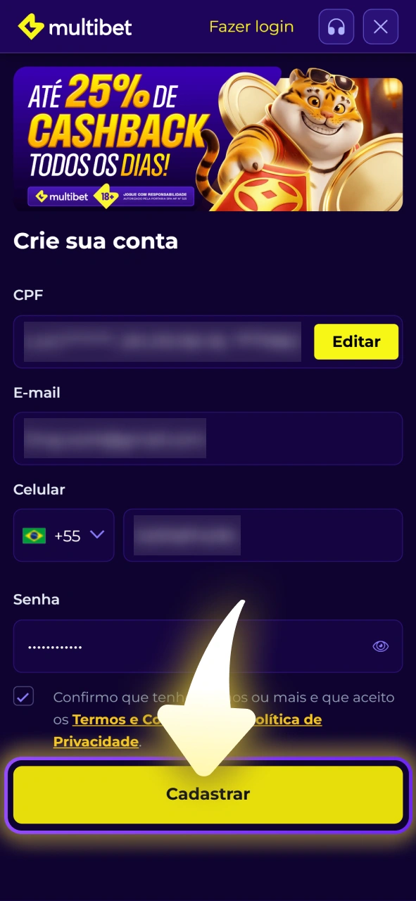 Confirme seus dados para finalizar a criação da sua conta na Multibet.