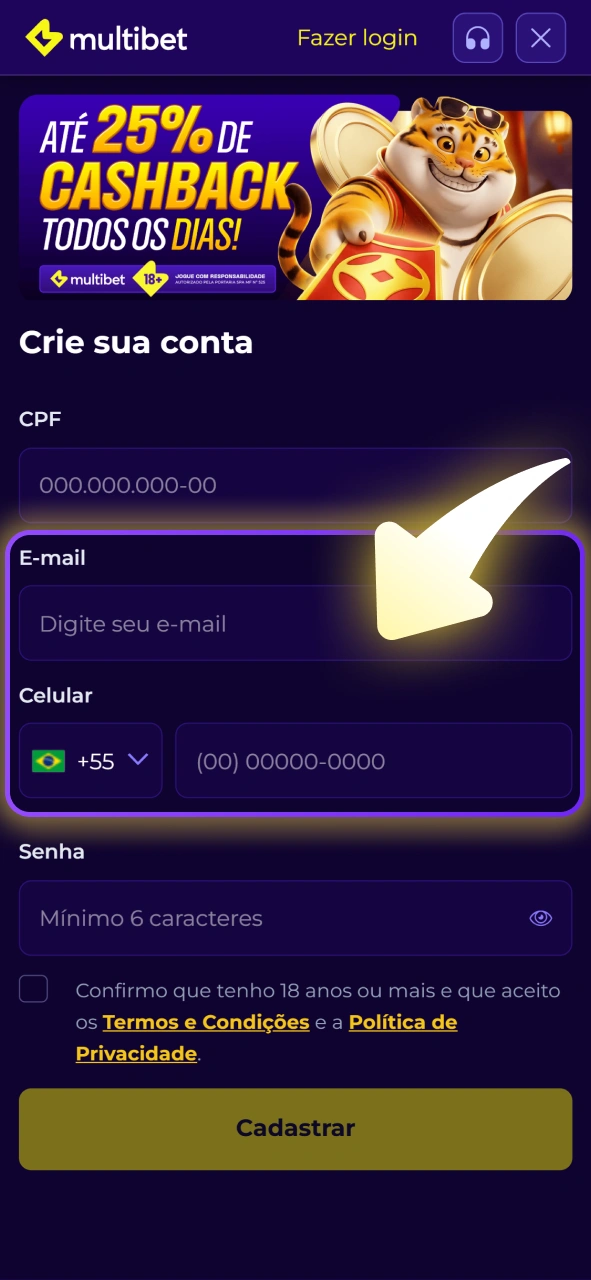 Preencha os campos com seus dados pessoais no formulário da Multibet.