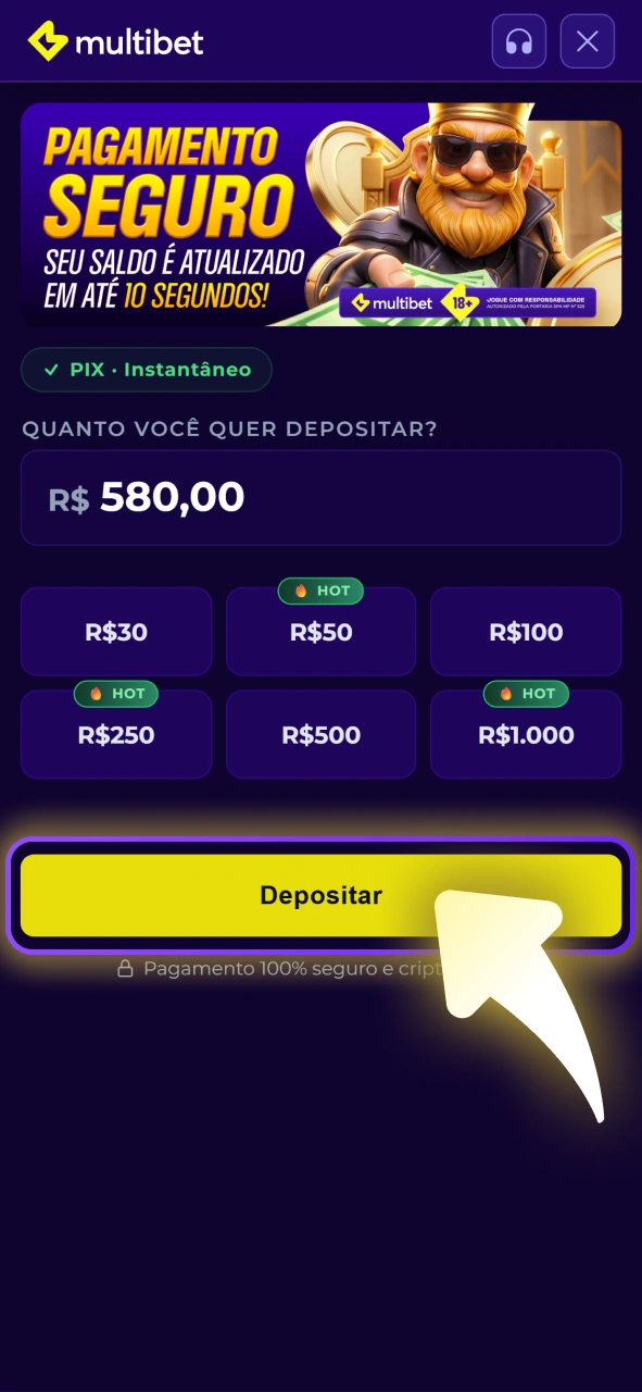 Faça um depósito para apostar nos jogos do cassino ao vivo da Multibet.