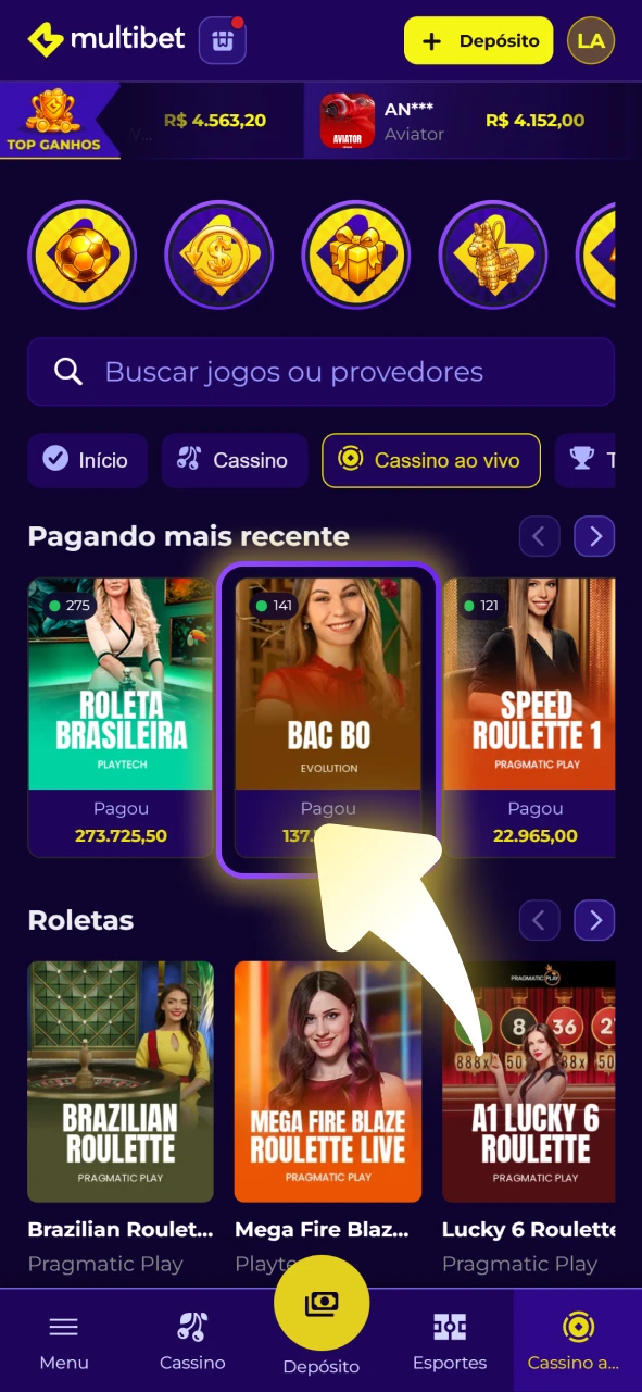 Escolha o seu jogo de cassino ao vivo favorito na Multibet.