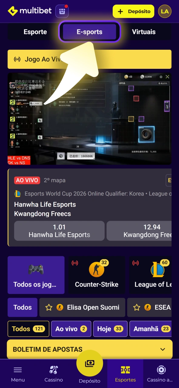 Acesse a seção dedicada às apostas em eSports na Multibet.