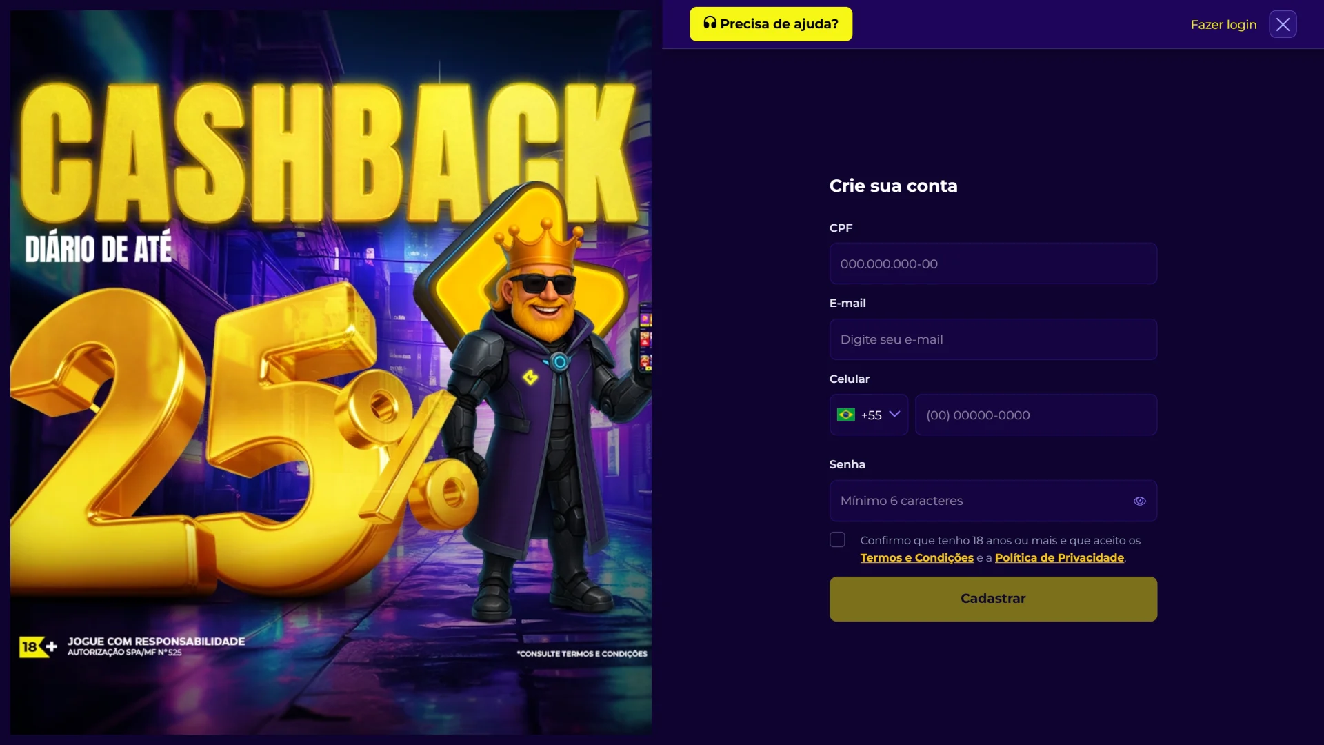 Veja como a opção de cadastro é exibida na página inicial da Multibet.