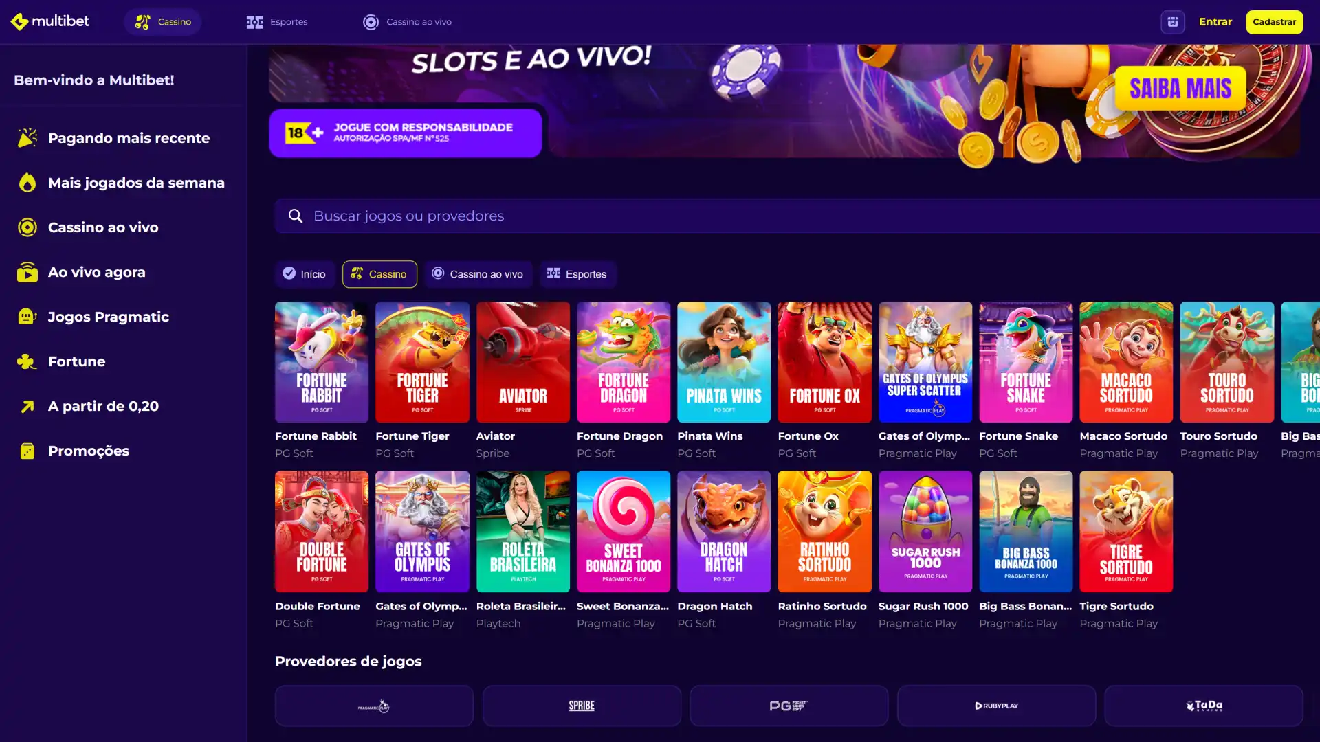 Confira a seção de cassino na página inicial da Multibet.
