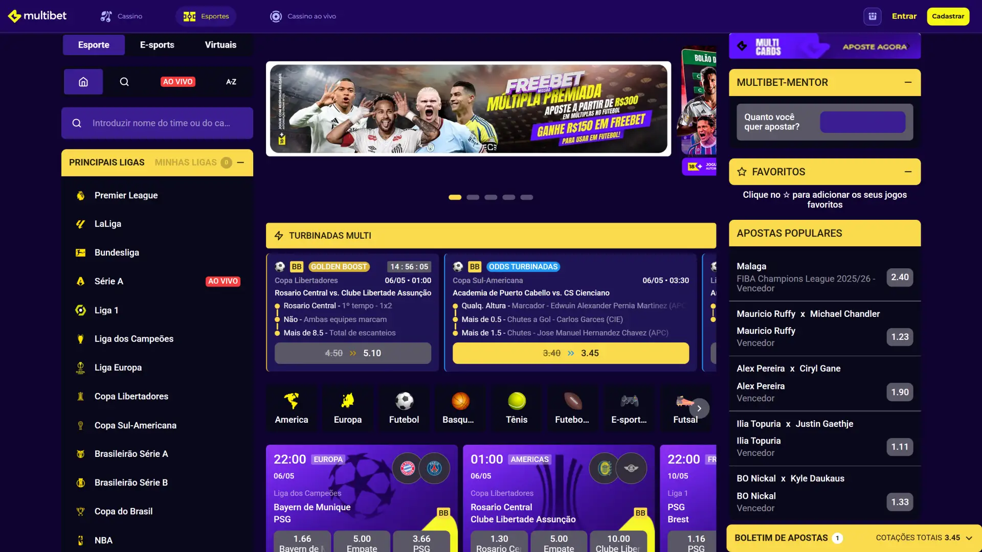 Explore os eventos esportivos na página inicial da Multibet.