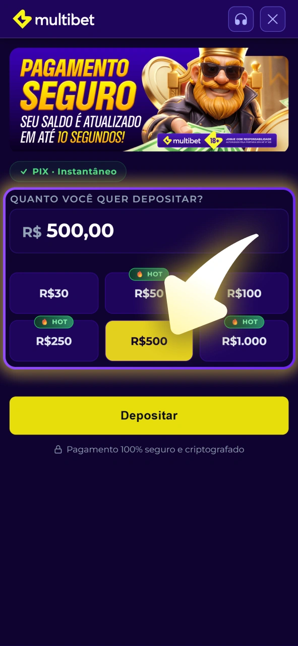 Digite o valor que deseja depositar na sua conta Multibet.