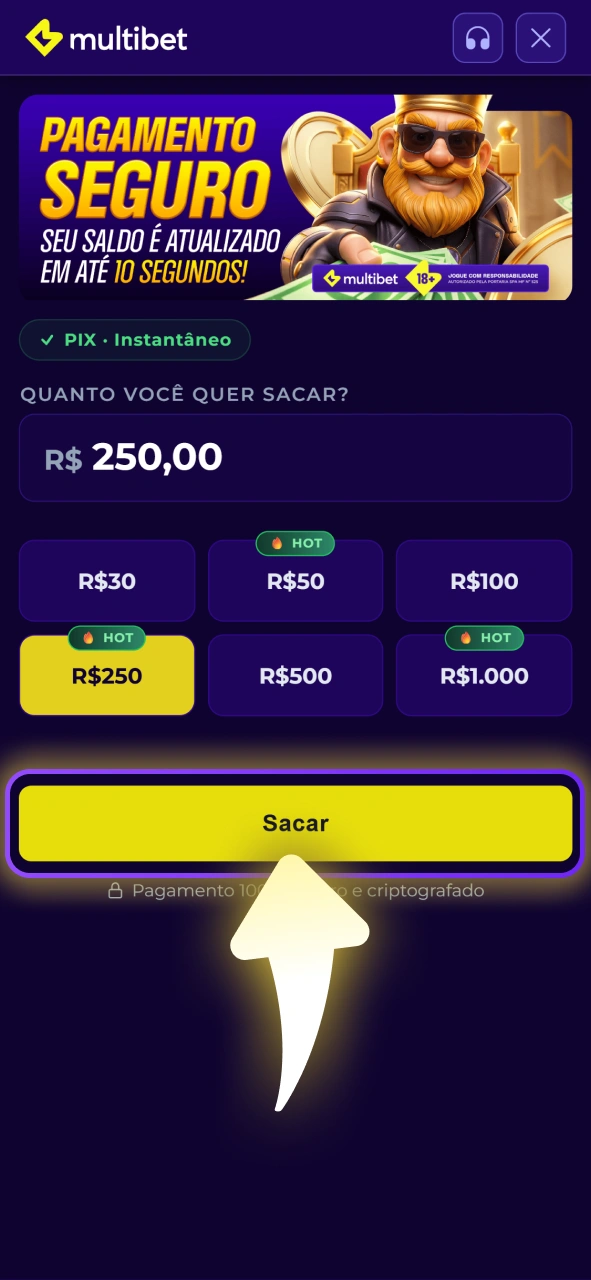 Confirme a sua solicitação de saque na Multibet.
