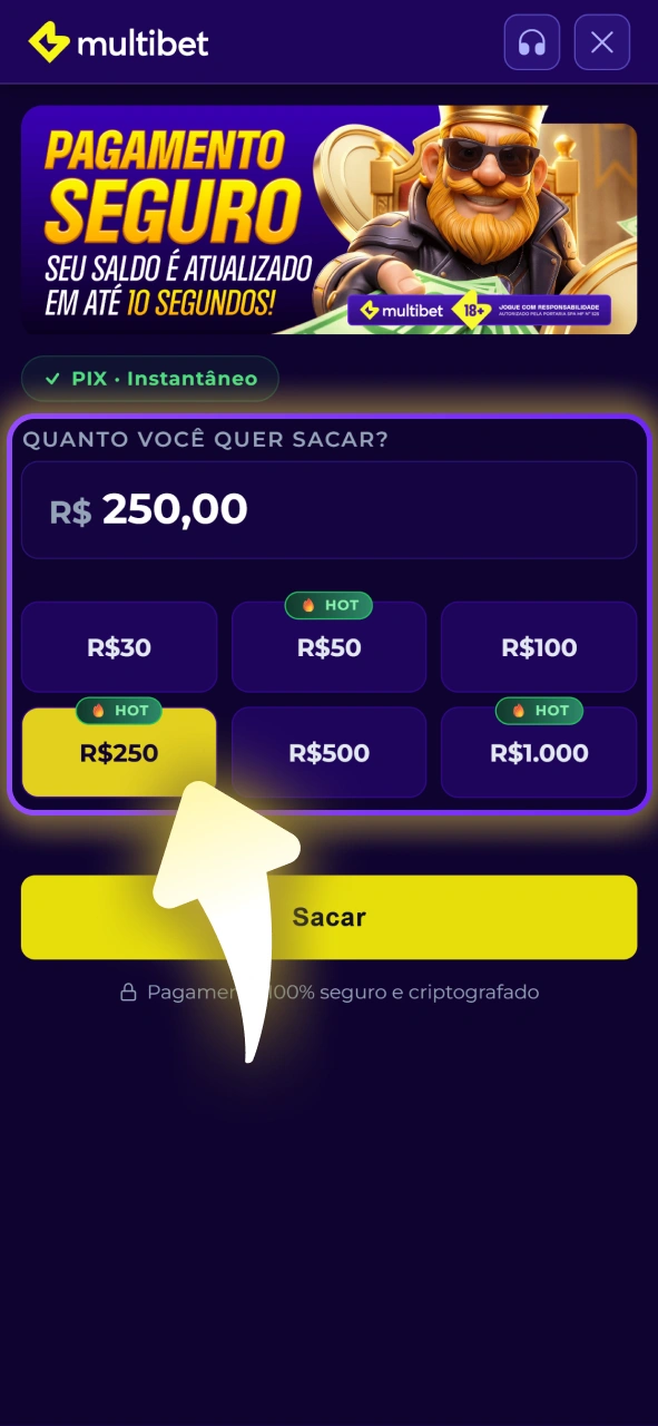 Informe o valor que deseja retirar da sua conta Multibet.