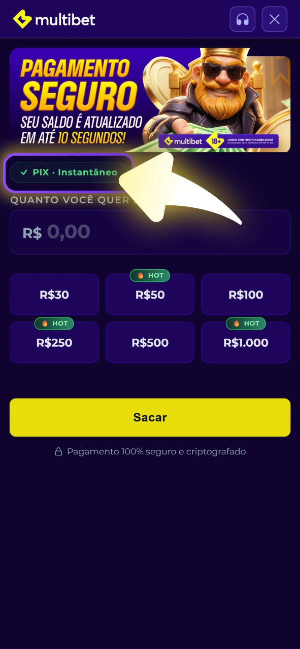 Selecione o método de saque de sua preferência na Multibet.