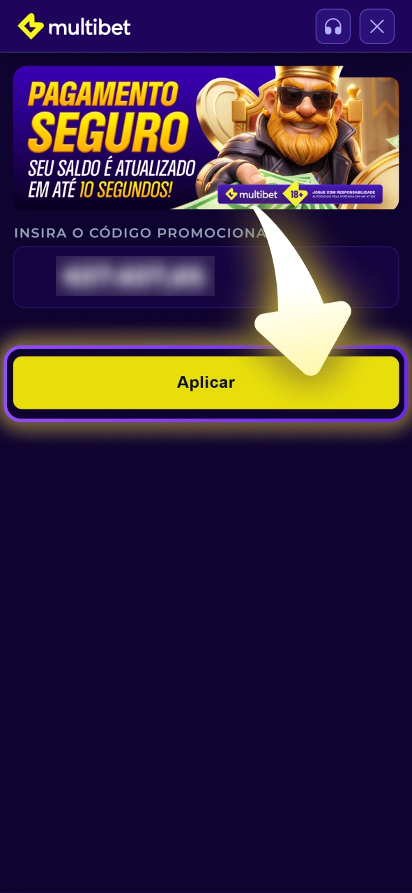 Insira seu código promocional e desbloqueie promoções na Multibet.